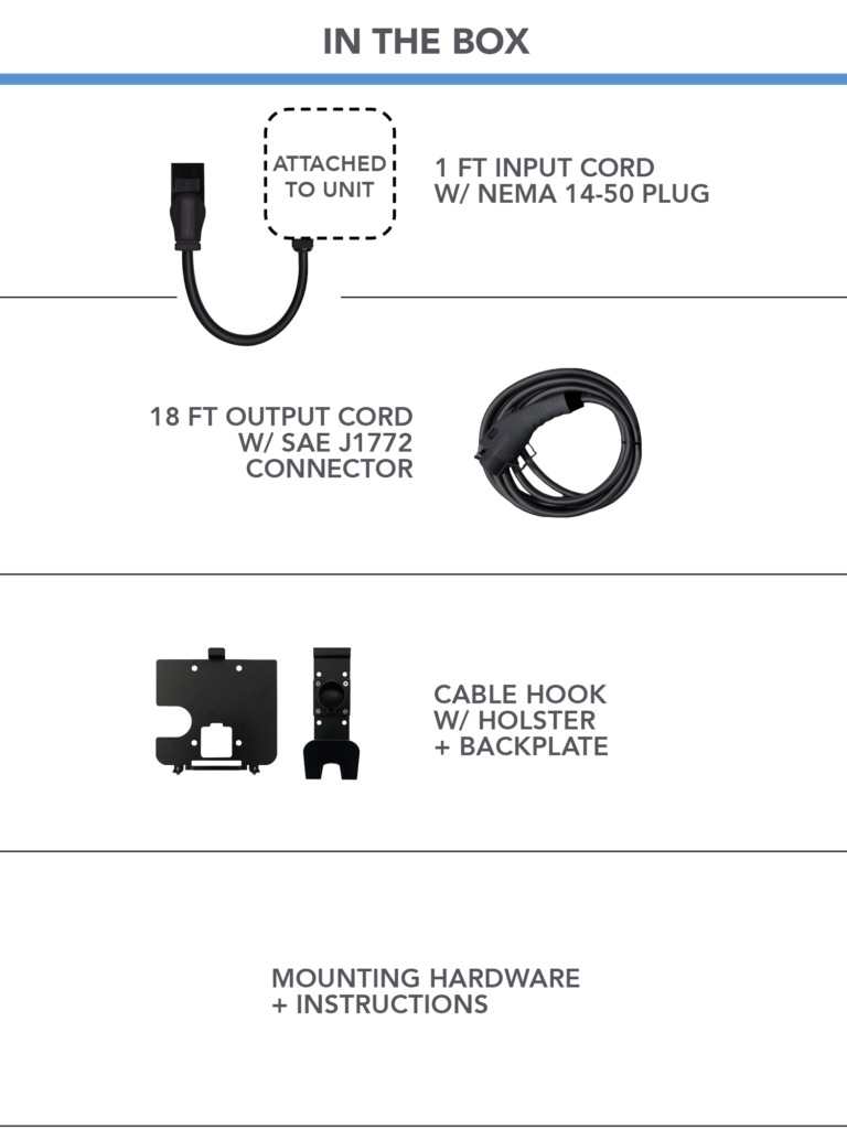 items that can be found in the box, 1 ft input cord with nema 14-50 plug, 18 ft output cord with SAE J1772 connector, cable hook with holster and backplate, mounting hardware and instructions