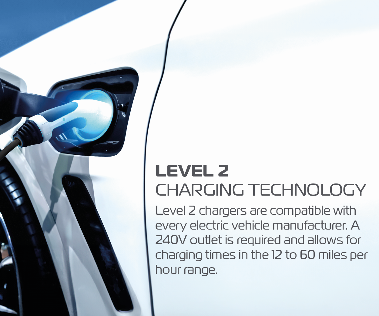 level 2 charging technology. level 2 chargers are compatible with every electric vehicle manufacturer. A 240V outlet is required and allows for charging times in the 12 to 60 miles per hour range.