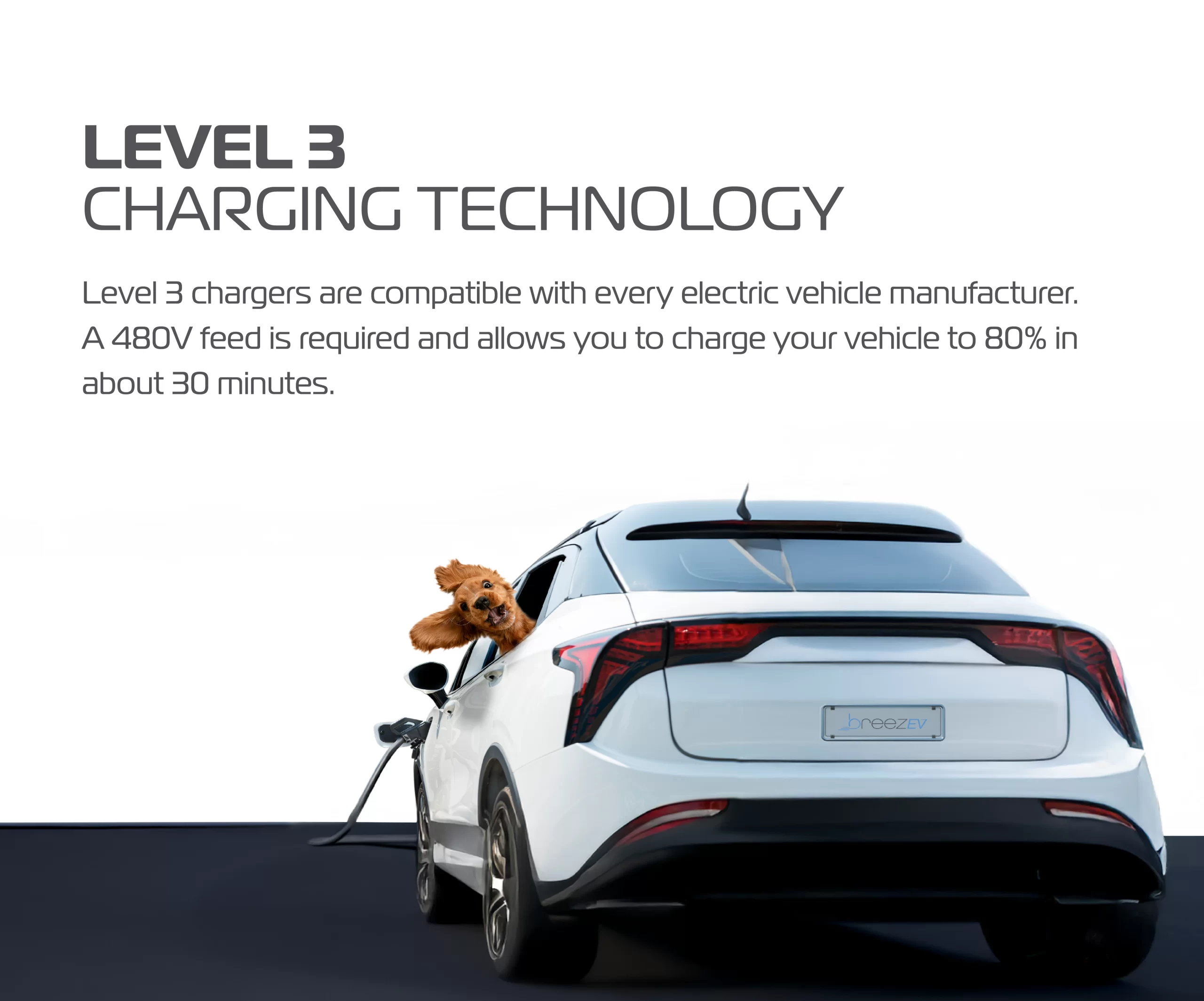 Level 3 Charging Technology. Level 3 chargers are compatible wtih every electric vehicle manufacturer. A 480V feed is required and allows you to charge your vehicle to 80% in about 30 minutes.