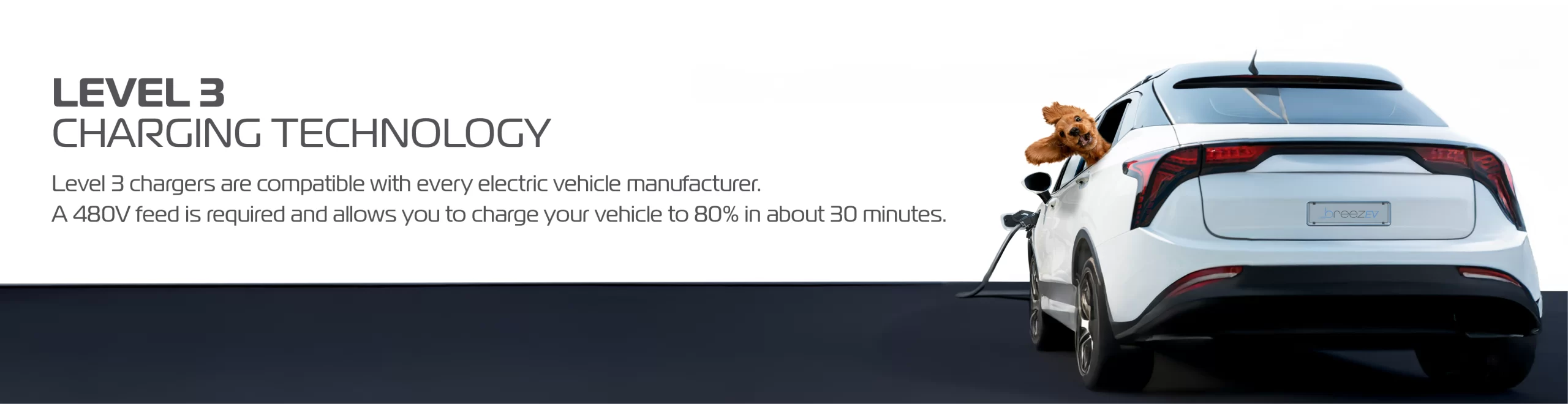 Level 3 Charging Technology. Level 3 chargers are compatible wtih every electric vehicle manufacturer. A 480V feed is required and allows you to charge your vehicle to 80% in about 30 minutes.